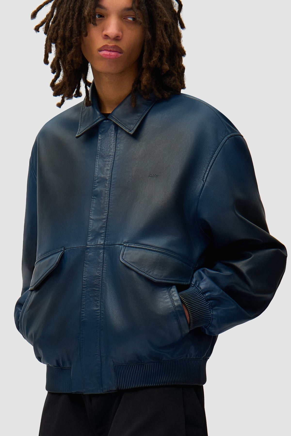 Veste en cuir délavé - Marine