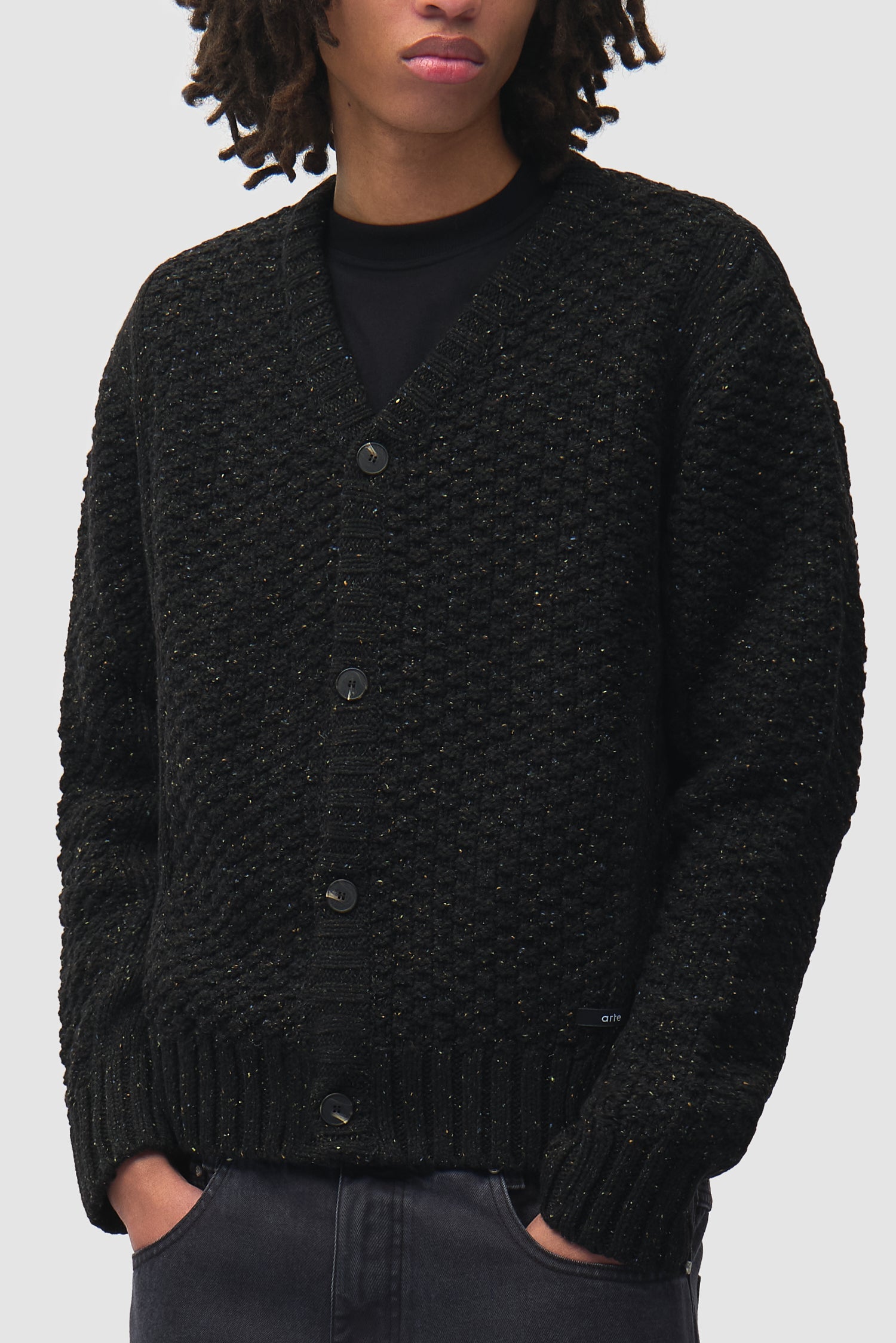 Cardigan en maille torsadée à motif moucheté - Noir