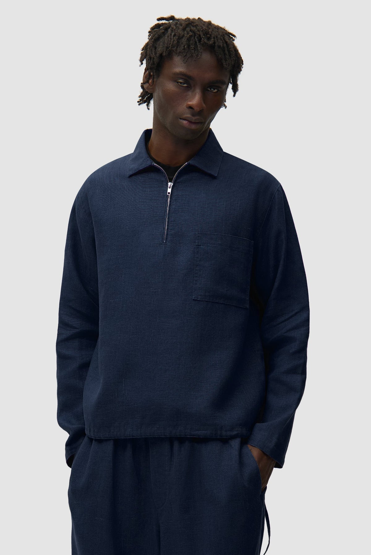 Pull à fermeture éclair quart de longueur en lin - Bleu marine