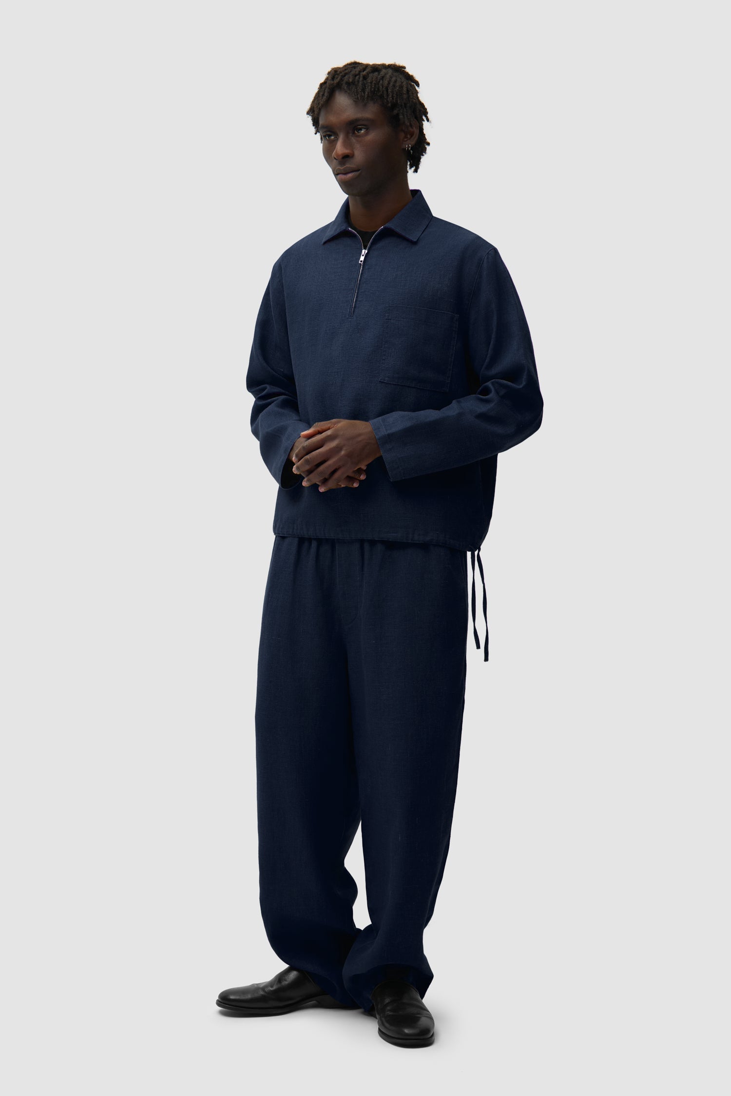 Pull à fermeture éclair quart de longueur en lin - Bleu marine