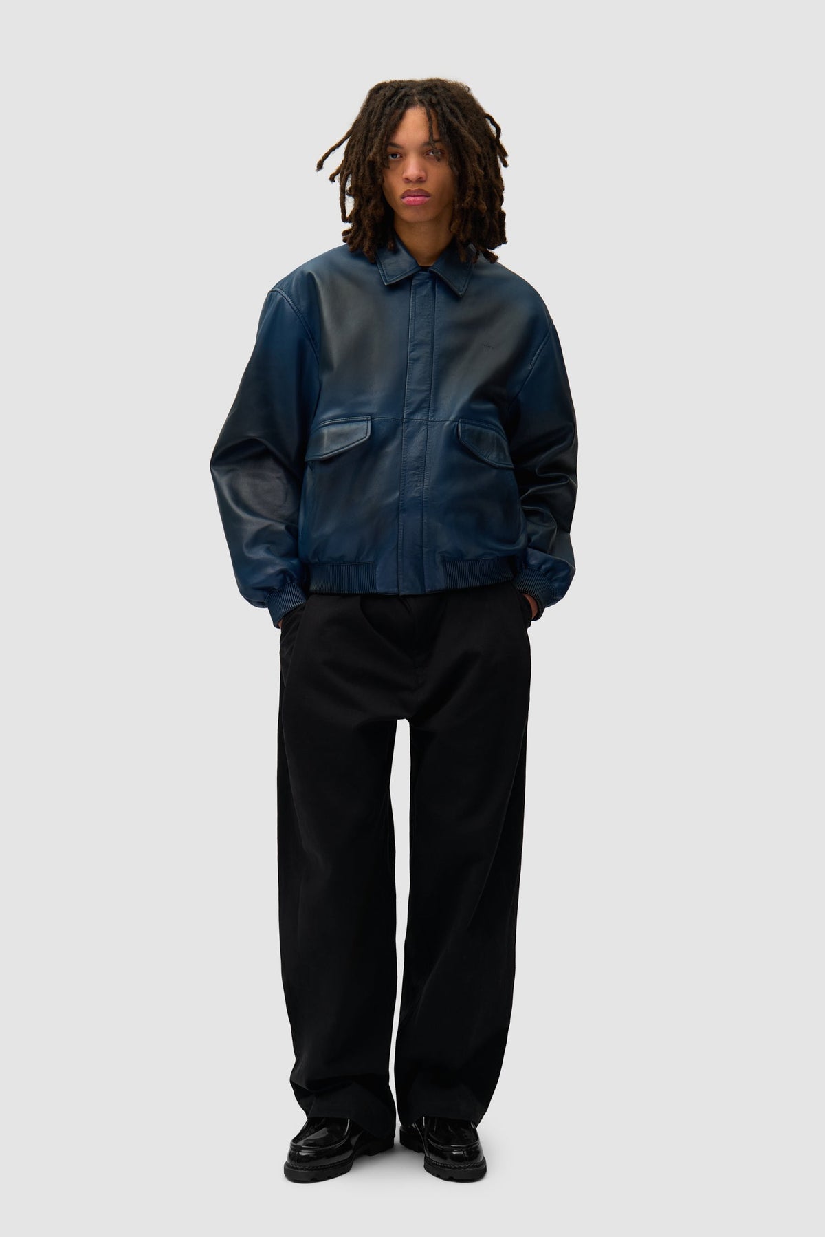 Veste en cuir délavé - Marine