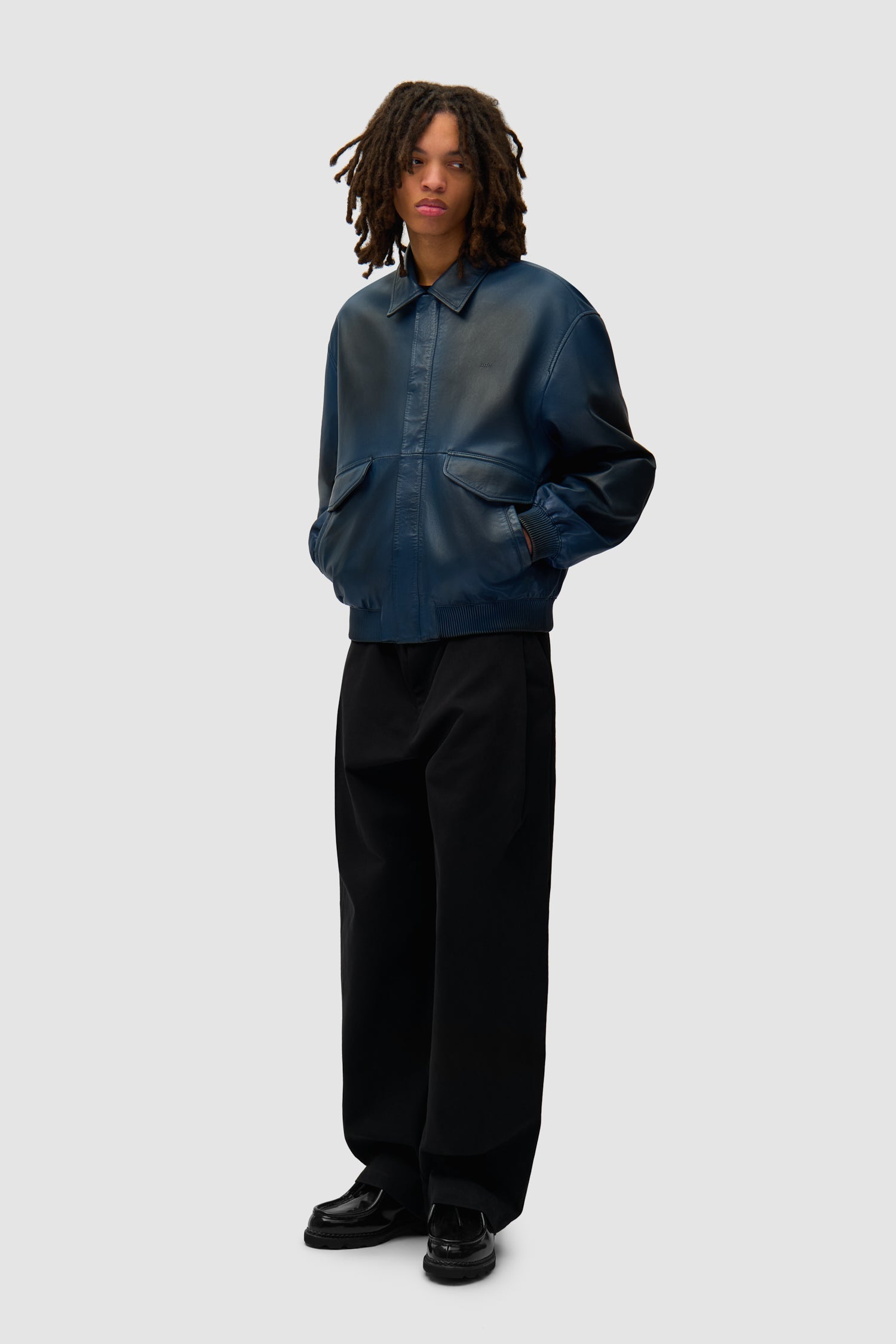 Veste en cuir délavé - Marine