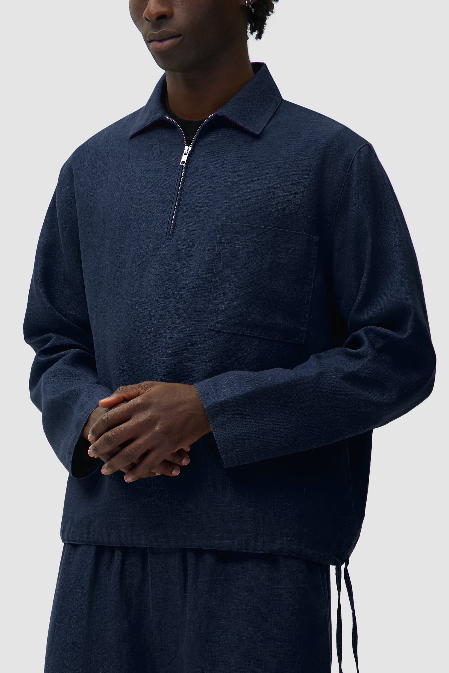 Pull à fermeture éclair quart de longueur en lin - Bleu marine